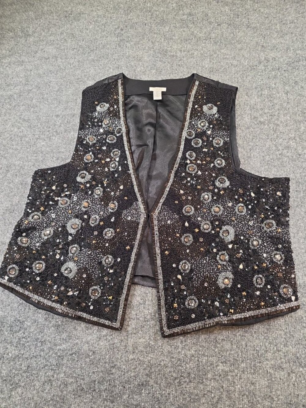 Chico's Women's Size 3 Size XL Beaded Rhinestone Metallic Vest Silver Black NICE